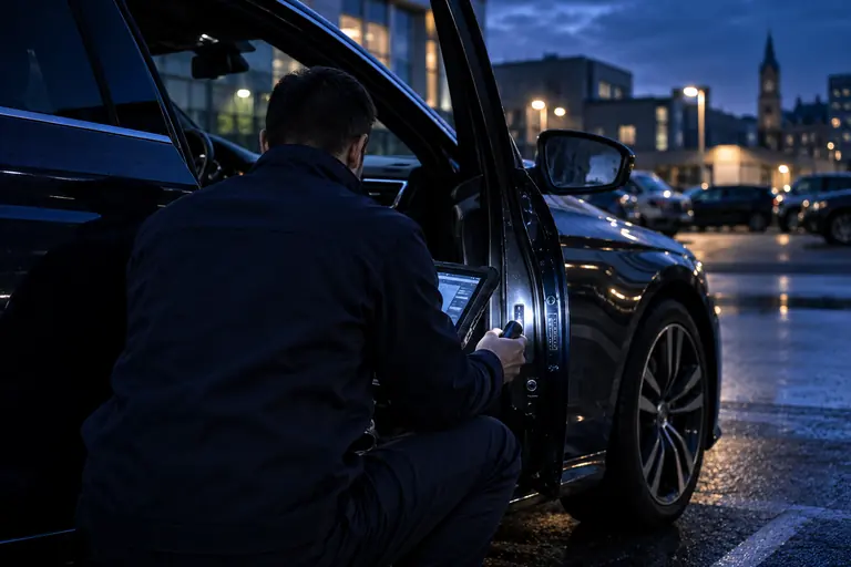 Un inspecteur GARIDAX éclaire l’avant d’une berline sur un parking, le soir, une tablette de diagnostic à la main.