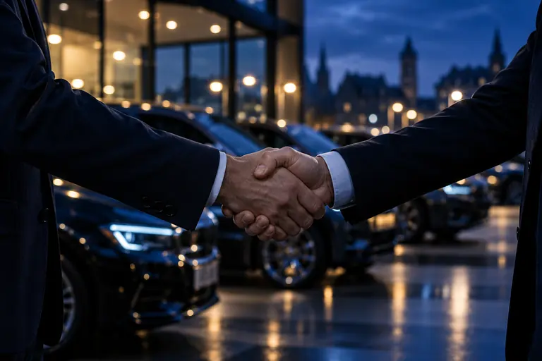 Une poignée de main entre deux professionnels en costume, devant un showroom automobile le soir.