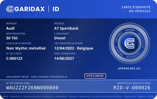 Spécimen de la carte GARIDAX ID du véhicule, avec sa puce NFC.