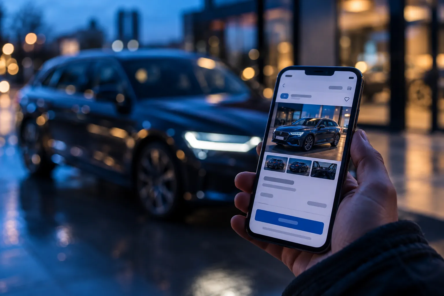 Een smartphone toont de advertentie van een auto, voor het voertuig (illustratief beeld).