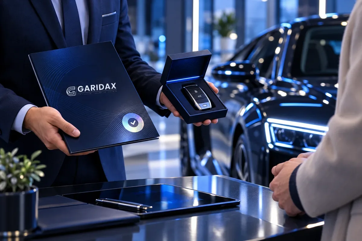 Un vendeur remet à son client le dossier GARIDAX et la clé du véhicule, dans un showroom (image d’illustration).