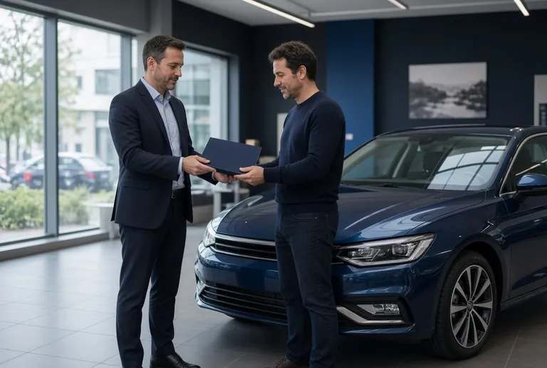 Un vendeur remet un dossier à un client à côté d’une voiture, dans un showroom (image d’illustration).