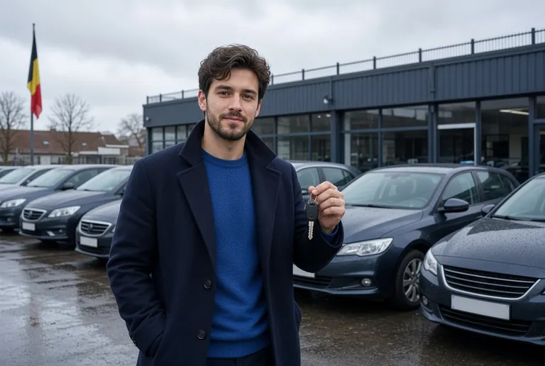 Un jeune entrepreneur devant un petit parc de voitures d’occasion, des clés à la main (image d’illustration).
